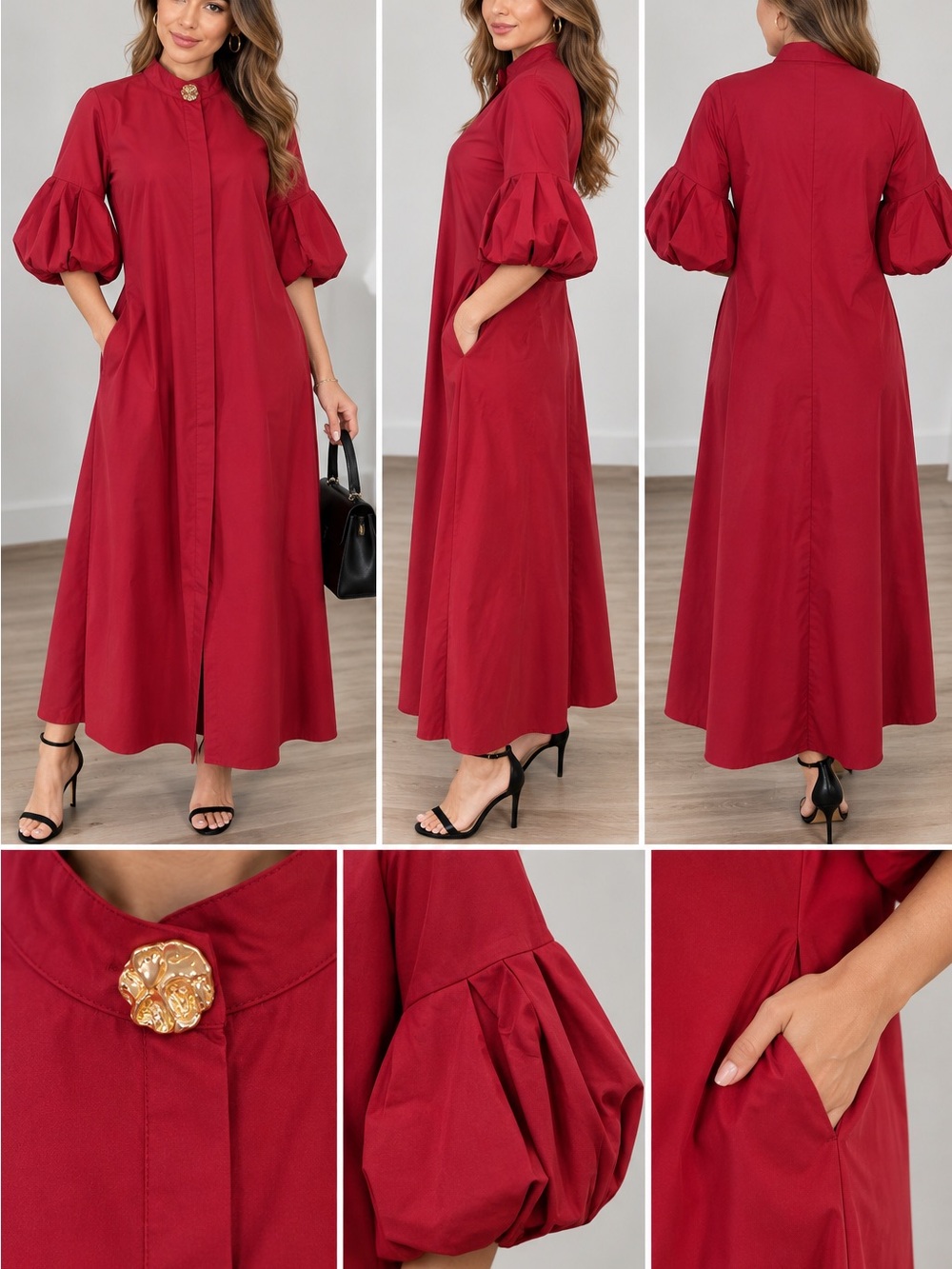 Unbranded Women's Red Puff-Sleeve Maxi Dress with Gold Button